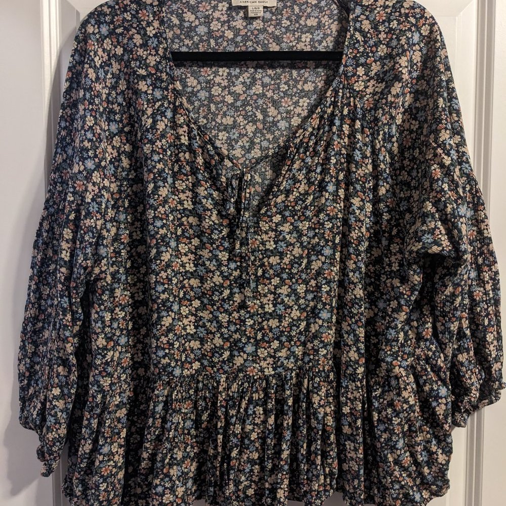 American Eagle Floral Print Tie-Front Babydoll Blouse Top, Size Large